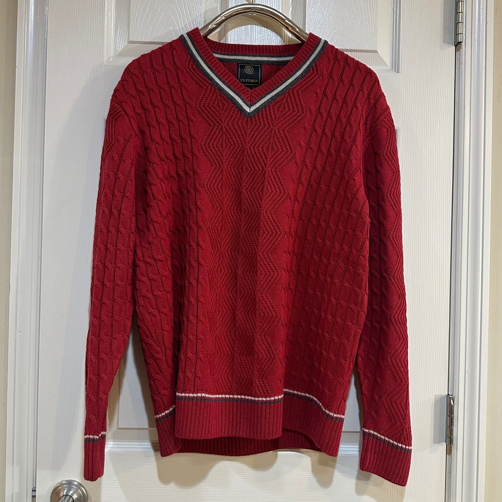 FX Fusion Mens Red Cable Knit‎ V-Neck Sweater Striped Trim Preppy Pullover Large